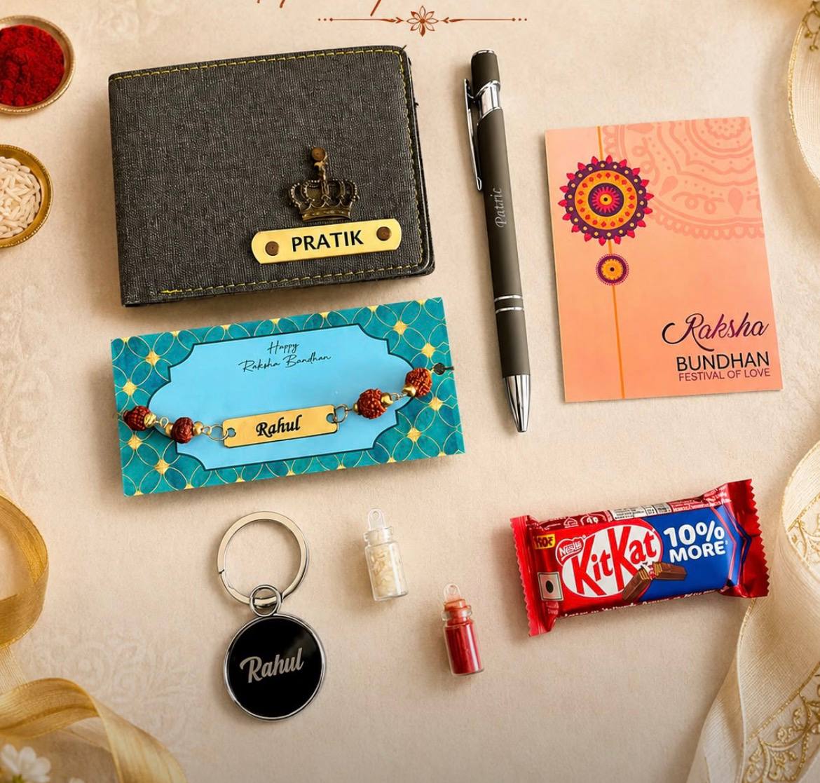 Rakhi combo- Personalised wallet, pen, keychain and Rakhi