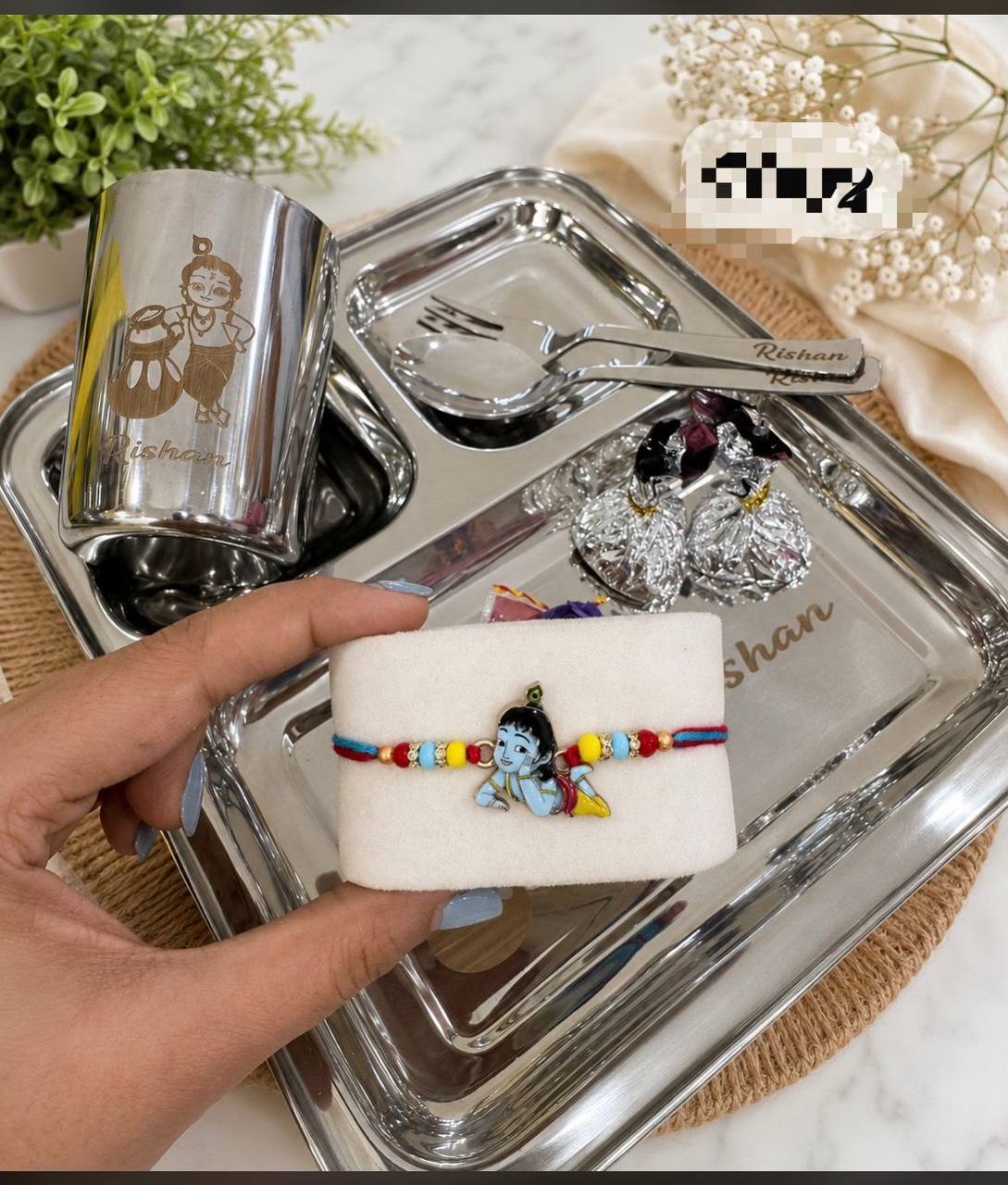 Personlised Krishna Thali set with Rakhi