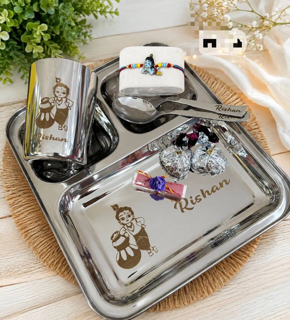 Personlised Krishna Thali set with Rakhi