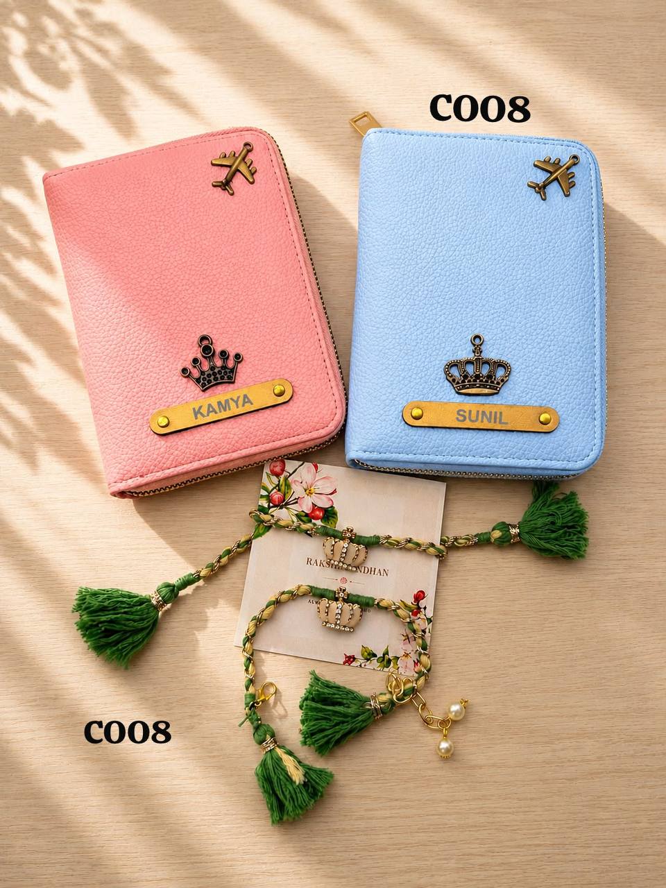 Personlised Passport Cover Bhai Bhabhi Rakhi combo