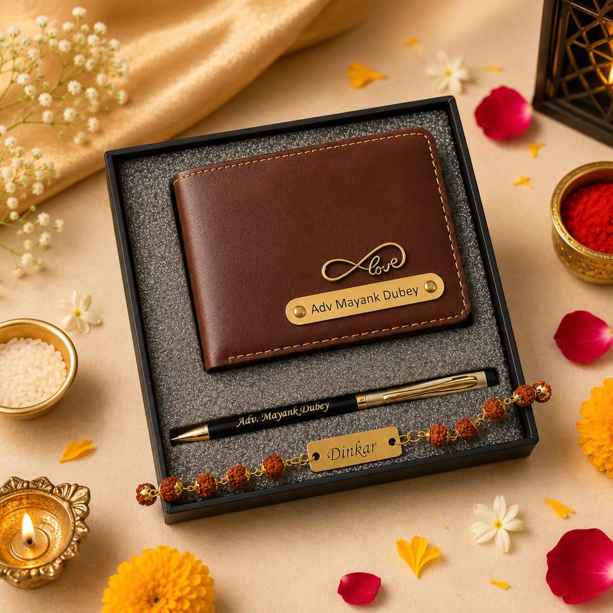 Rakhi combo- Personalised wallet, pen and Rakhi