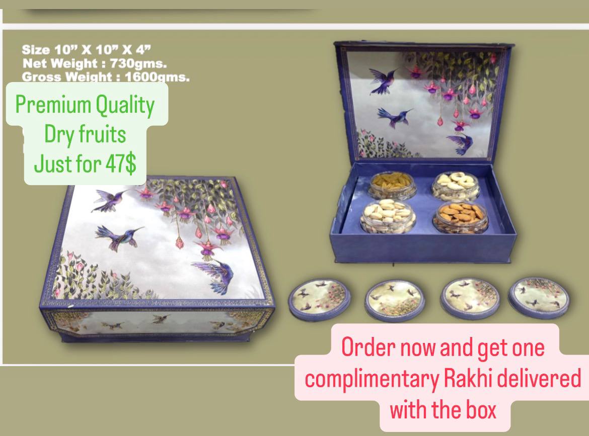Beautiful Bitds themed box 

With 730 grams of dry fruits in glass jar