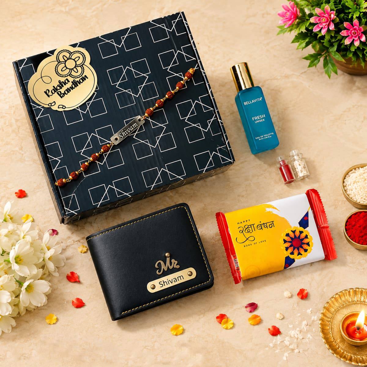 Rakhi combo - Perfume, personalised wallet, personalised rakhi and chocolate